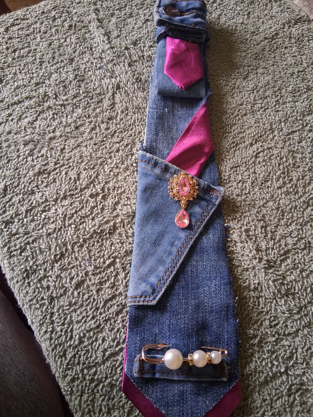Blue Denim Women's Jeans Tie with Pink Accent and Decorative Pearls